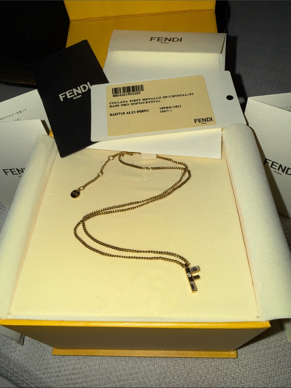 Fendi F is Fendi Soft Gold Crystal Logo Necklace Full Inclusion EUC